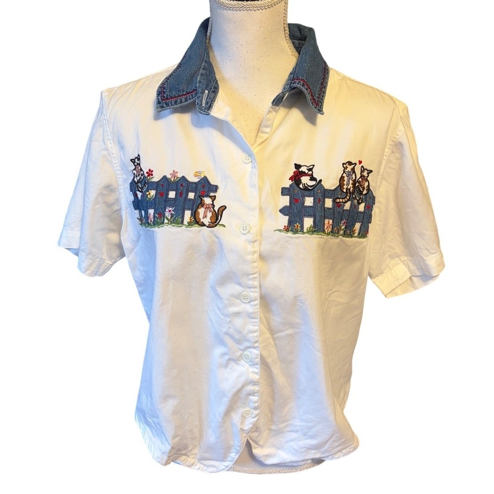 Vintage 90s Bobbie Brooks Cat Embroidered Button Up Shirt Cottagecore Kitsch Top